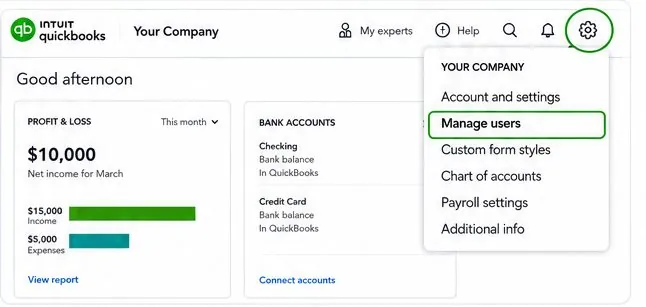 QuickBooks Online gear menu with Manage users highlighted